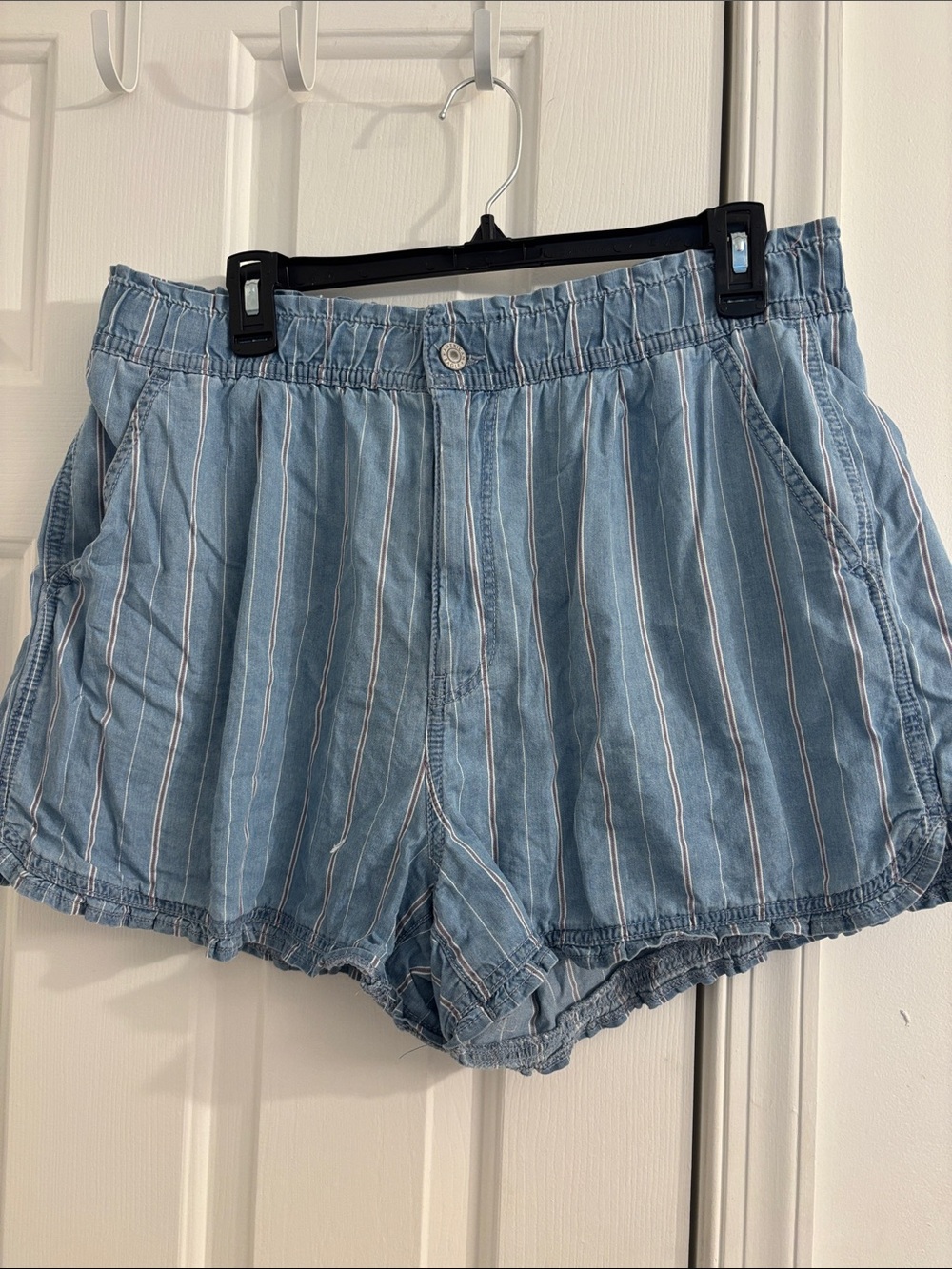 American Eagle Outfitters Light Blue and White Striped High-Waist Shorts